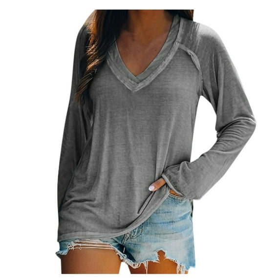 Arlun,Sexy V-Neck Womens T Shirts Casual Thin Loose Fit Splicing Solid Color Tee Shirts Tops Women's Soft Lightweight Long Sleeve Fall Tshirts Clothes Grey XXXL