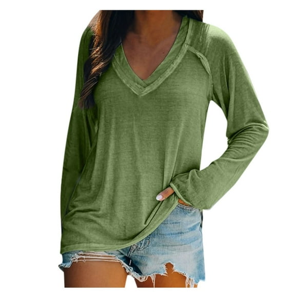 Arlun,Sexy V-Neck Womens T Shirts Casual Thin Loose Fit Splicing Solid Color Tee Shirts Tops Women's Soft Lightweight Long Sleeve Fall Tshirts Clothes Green XXL