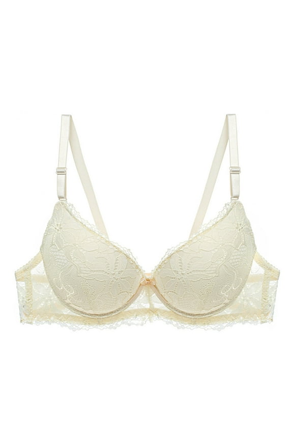 ,Sexy Women's Floral Lace Push-Up Bras, No Underwire Light Support Bra, Thin Breathable Adjustable Spaghetti Straps, Deep V-Neck Full Coverage Everyday Bralettes Beige M
