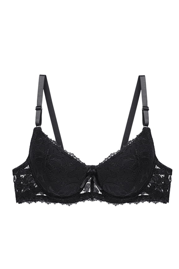 ,Sexy Women's Floral Lace Push-Up Bras, No Underwire Light Support Bra, Thin Breathable Adjustable Spaghetti Straps, Deep V-Neck Full Coverage Everyday Bralettes Black S