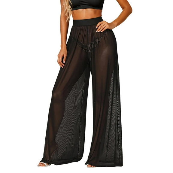 Arlun,Sexy Womens Sheer Mesh Pants Elastic High Waisted Wide Leg Flowy Swimsuit Beach Pants Bikini Bottoms Straight Bottom Long Pants Trousers Black M