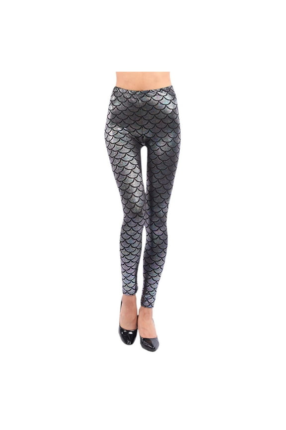 Shiny Fish Scale Leggings for Women High Waisted Stretchy Tight Pants Fashion Slim Fit Shiny Skin Casual Yoga Fitness Legging Silver XL