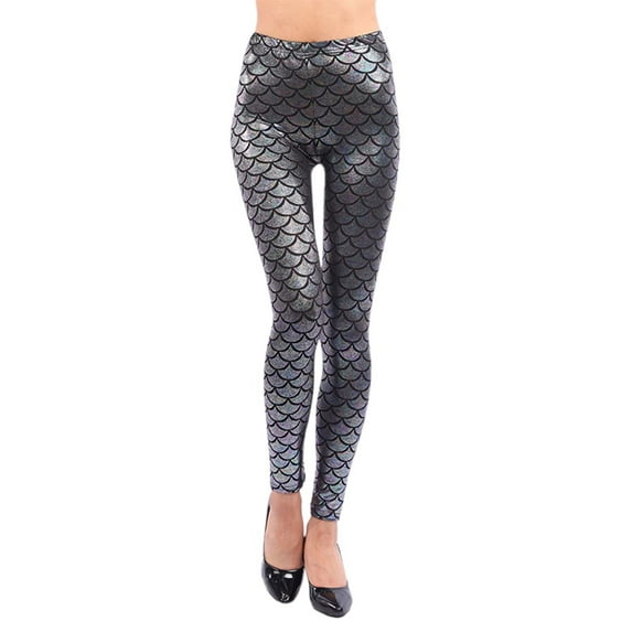 Arlun Shiny Fish Scale Printed Leggings for Women High Waisted Stretch Tight Pants Stylish Leather Slim Fit Bodycon Pants 2026 Carnival Holiday Outfits Silver One Size