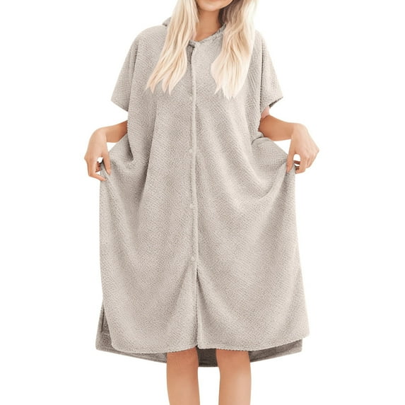 Arlun Short Sleeve Robes for Women Nightgown Cozy Solid Color Knee Length Loungewear Sleepwear Ladies Button down Soft Lightweight Adorable Hooded Bathrobe Light Gray One Size