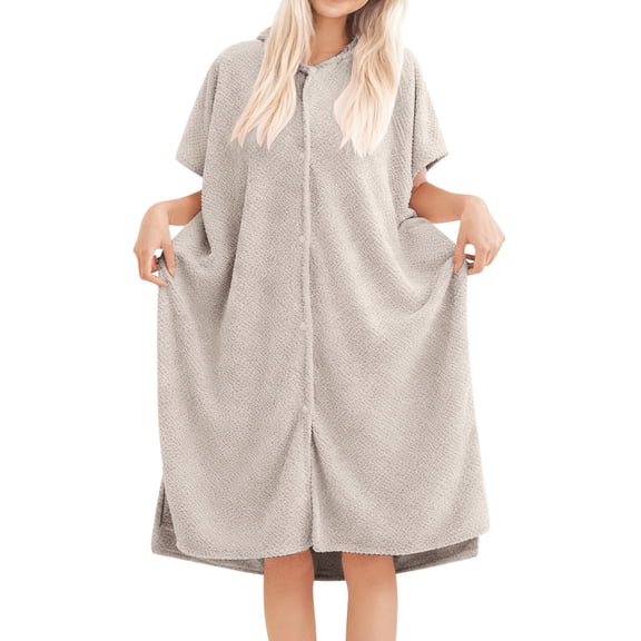 Arlun Short Sleeve Robes for Women Nightgown Cozy Solid Color Knee Length Loungewear Sleepwear Ladies Button down Soft Lightweight Adorable Hooded Bathrobe Light Gray One Size