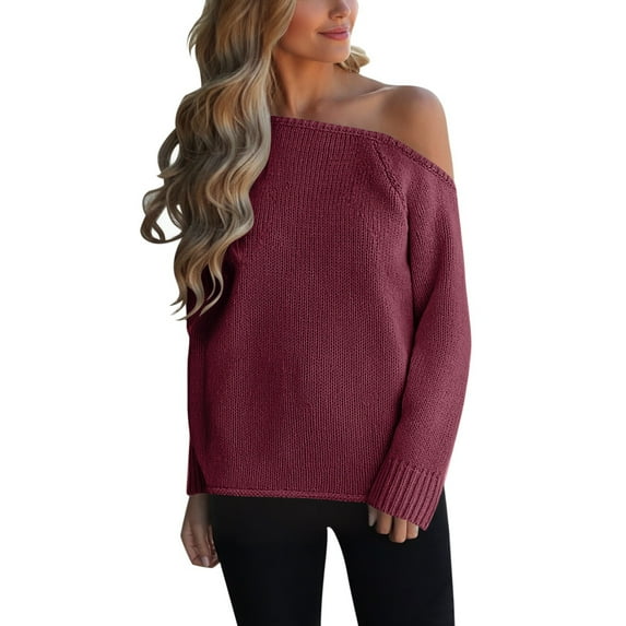 Arlun Off the Shoulder Sweaters for Women Casual Long Sleeve Fall Winter Lightweight Sweater Trendy Solid Color Soft Cozy Ribbed Knitted Oversized Pullover Loose Fit Jumper Wine M