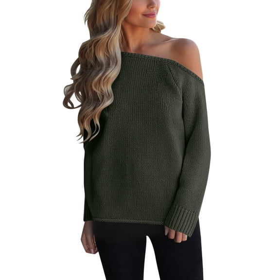 Arlun Off the Shoulder Sweaters for Women Casual Long Sleeve Fall Winter Lightweight Sweater Trendy Solid Color Soft Cozy Ribbed Knitted Oversized Pullover Loose Fit Jumper Green M