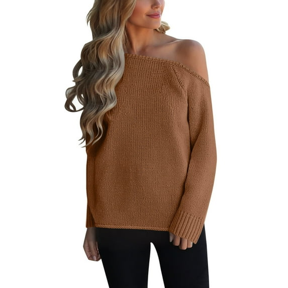 Arlun Off the Shoulder Sweaters for Women Casual Long Sleeve Fall Winter Lightweight Sweater Trendy Solid Color Soft Cozy Ribbed Knitted Oversized Pullover Loose Fit Jumper Coffee XL