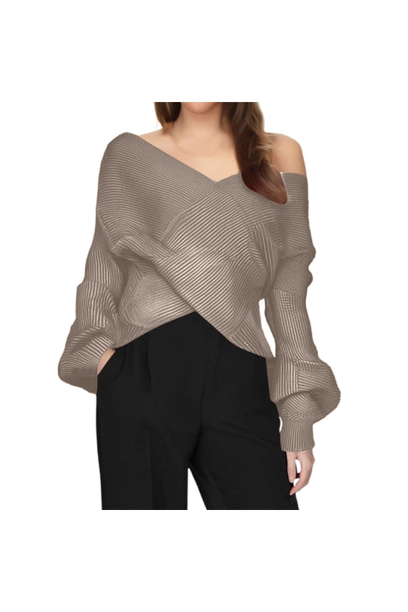 Off the Shoulder Sweaters for Women Winter Fall Fashion 2025 V-Neck Long Sleeve Ribbed Knit Wrap Cropped Sweaters Loose Fit Solid Color Pullover Tops Khaki M