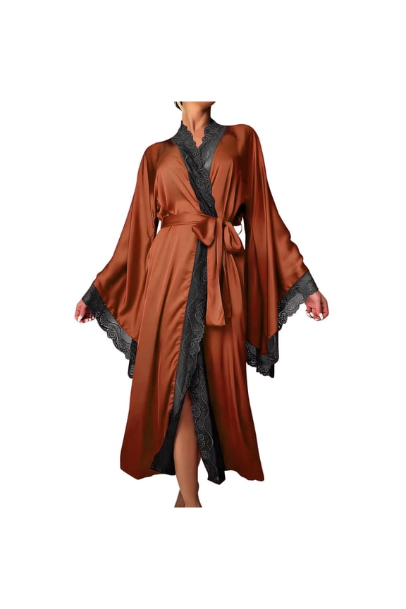 Silk Long Robes for Women Satin Lace-Trim Long Sleeve Bride Wedding-Night Bridal Bridesmaid Kimono Robes Lightweight Soft Comfortable Solid Color Wrap Sleepwear Coffee S