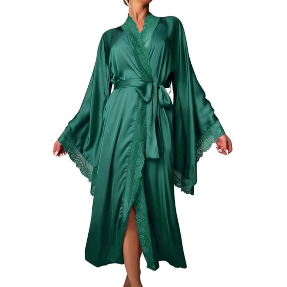 Arlun Silk Long Robes for Women Satin Lace-Trim Long Sleeve Bride Wedding-Night Bridal Bridesmaid Kimono Robes Lightweight Soft Comfortable Solid Color Wrap Sleepwear Green M