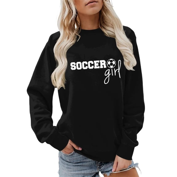 Arlun Soccer Women's Sweatshirts Cute Soccer Ball Womend Crewneck Pullover Tops Funny Warm Soft Cozy Long Sleeve Soccer Lover Sweatshirt Gift for Lady Black L