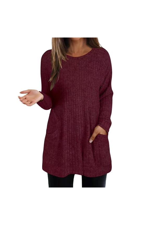 Soft Cozy Ribbed Knit Sweaters for Women Round Neck Long Sleeve Lightweight Sweater Solid Color Casual Loose Fit Comfortable Basic Pullover Tops with Pockets XL