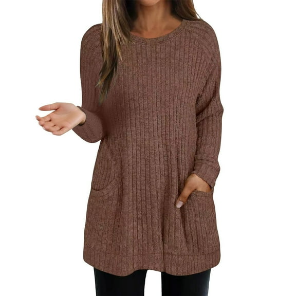 Arlun Soft Cozy Ribbed Knit Sweaters for Women Round Neck Long Sleeve Lightweight Sweater Solid Color Casual Loose Fit Comfortable Basic Pullover Tops with Pockets Coffee XXL