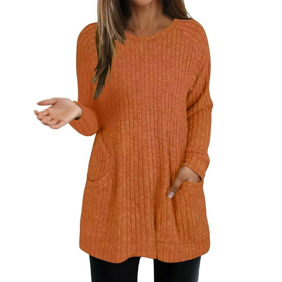 Arlun Soft Cozy Ribbed Knit Sweaters for Women Round Neck Long Sleeve Lightweight Sweater Solid Color Casual Loose Fit Comfortable Basic Pullover Tops with Pockets Orange XL