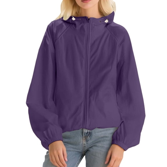 Arlun Solid Color Lightweight Jackets for Women Casual Outdoor Thin Breathable Loose Hooded for Couples Sun Protection Coats Full Zipper Long Sleeve Fall Outwear Purple XXL