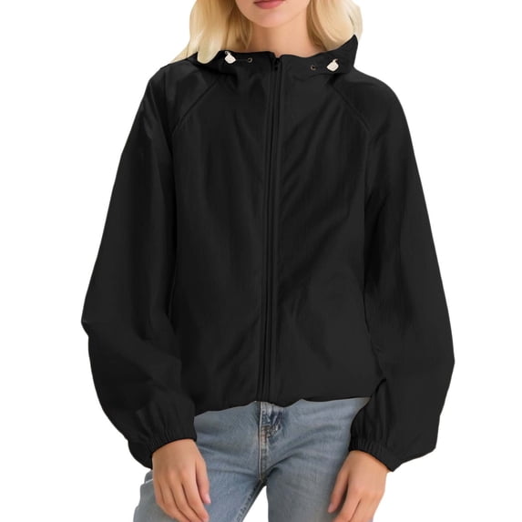 Arlun Solid Color Lightweight Jackets for Women Casual Outdoor Thin Breathable Loose Hooded for Couples Sun Protection Coats Full Zipper Long Sleeve Fall Outwear Black XXXL