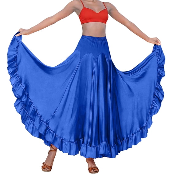 Arlun Spanish Traditional Festival Long Skirts for Women High Waisted Ruffle Flared Swing Flowy Mesh Maxi Skirts Loose Lightweight Standard Ballroom Dance Fancy Training Skirt Blue M