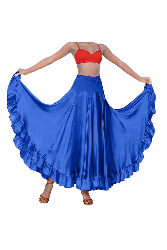 Spanish Traditional Festival Long Skirts for Women High Waisted Ruffle Flared Swing Flowy Mesh Maxi Skirts Loose Lightweight Standard Ballroom Dance Fancy Training Skirt Blue M