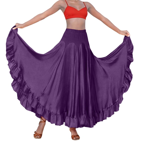 Arlun Spanish Traditional Festival Long Skirts for Women High Waisted Ruffle Flared Swing Flowy Mesh Maxi Skirts Loose Lightweight Standard Ballroom Dance Fancy Training Skirt Purple M