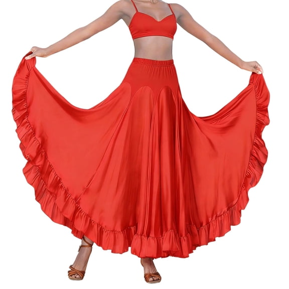 Arlun Spanish Traditional Festival Long Skirts for Women High Waisted Ruffle Flared Swing Flowy Mesh Maxi Skirts Loose Lightweight Standard Ballroom Dance Fancy Training Skirt Red XL