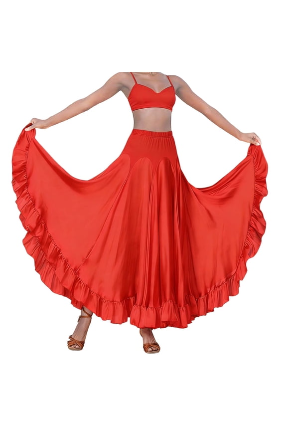 Spanish Traditional Festival Long Skirts for Women High Waisted Ruffle Flared Swing Flowy Mesh Maxi Skirts Loose Lightweight Standard Ballroom Dance Fancy Training Skirt Red M