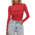 thumbnail image 1 of Arlun Sparkly Sequin Mesh Splicing Neck Tops for Women Long Sleeve Sheer See Through T-Shirts Lightweight Soft Comfy Fashion Solid Color Carnival Festival Outfits Red XL, 1 of 5