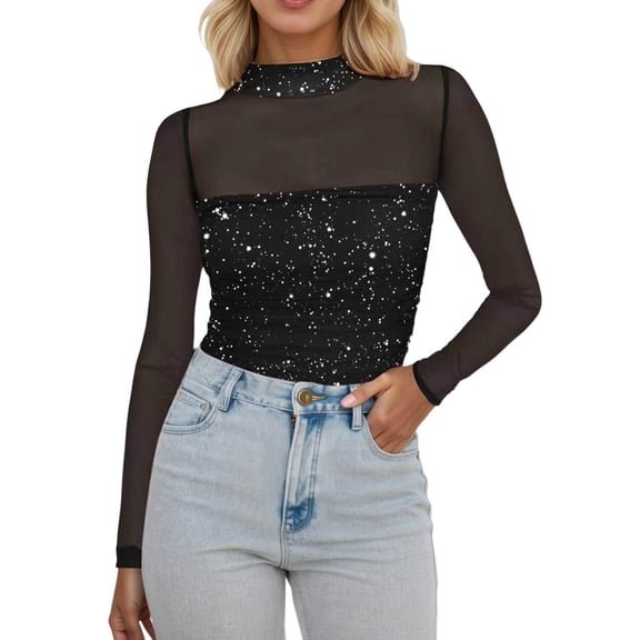 Arlun Sparkly Sequin Mesh Splicing Neck Tops for Women Long Sleeve Sheer See Through T-Shirts Lightweight Soft Comfy Fashion Solid Color Carnival Festival Outfits Black XL