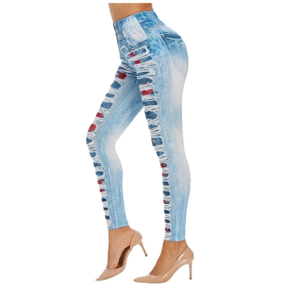 Arlun Sports Comfortable Womens Leggings Fashion Denim Printed Rose Fashion High Waisted Pants Casual Straight Leg Stretch Slim Fitting Oversized Legging with Pockets Blue XXXL