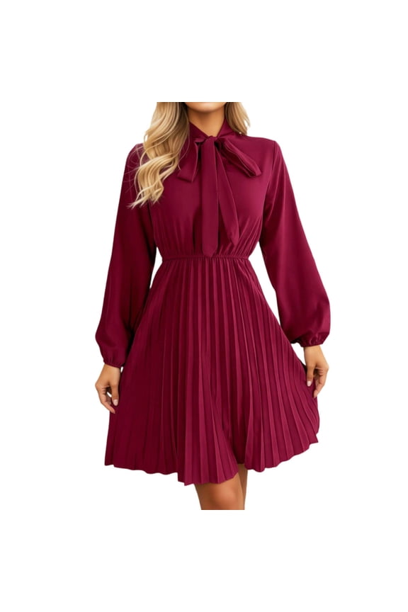 Spring Summer Dresses for Women Elegant Bow Neck Solid Color Long Sleeve Tie Waist Ruffle Hem Pleated Midi Dress Soft Comfy Pure Casual Frock S