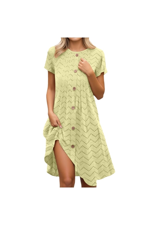 Spring Summer Eyelet Midi Dresses for Women 2026 Trendy Short Sleeve Beach Vacation Sundresses Button Decor Loose Flowy Boho Dress Yellow XL