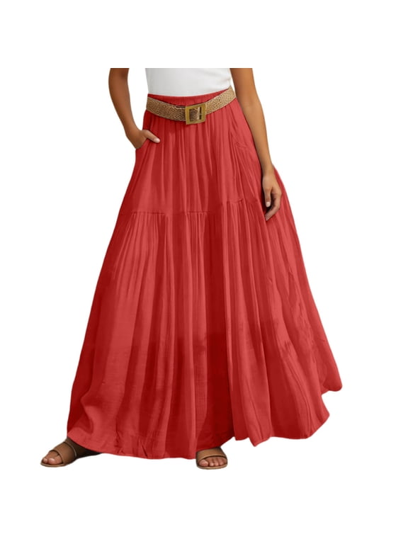 Spring Summer Long Skirts for Women Stretch High Waisted Solid Color Ruffle Maxi Skirt with Waistband Boho Lightweight Flowy Beach Vacation Skirts Red M
