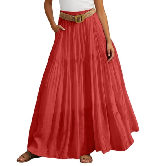 Arlun Spring Summer Long Skirts for Women Stretch High Waisted Solid Color Ruffle Maxi Skirt with Waistband Boho Lightweight Flowy Beach Vacation Skirts Red XL