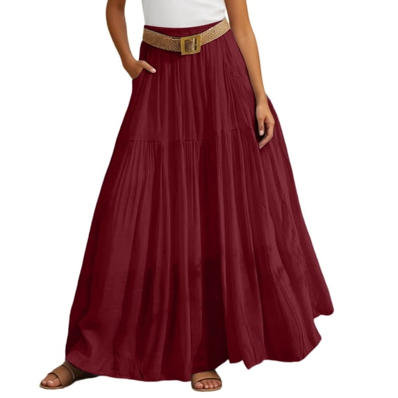 Arlun Spring Summer Long Skirts for Women Stretch High Waisted Solid Color Ruffle Maxi Skirt with Waistband Boho Lightweight Flowy Beach Vacation Skirts Wine M