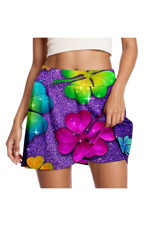 St. Patrick's Day Pattern Printing Mini Skorts for Running Yoga and Fitness Comfortable Stretch High Waist Workout Skirts with Built in Shorts 18-Purple XL
