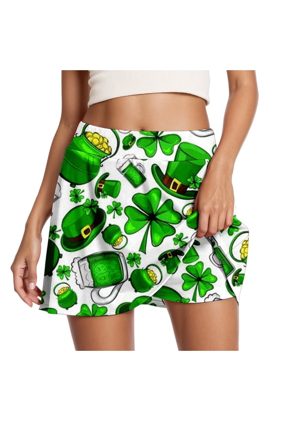 St. Patrick's Day Pattern Printing Mini Skorts for Running Yoga and Fitness Comfortable Stretch High Waist Workout Skirts with Built in Shorts 2-Green S