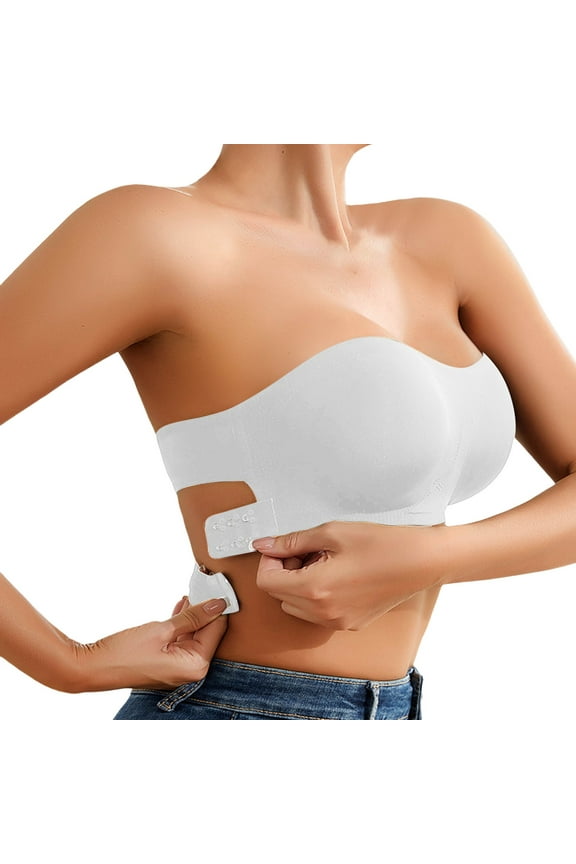 ,Strapless Bras for Women Crossover Side Closure Non- Silicone Padded Bandeau Bras Wireless Soft Seamless Push up Tube Top Bralettes for Everyday Wear White XL