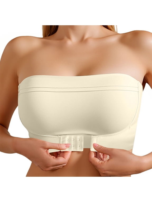 Strapless Bras for Women Front Closure No Underwire Comfort Push up Bras Smooth and Seamless Full Coverage Hook Closing Design Solid Color Wireless Tube Bralettes White 38