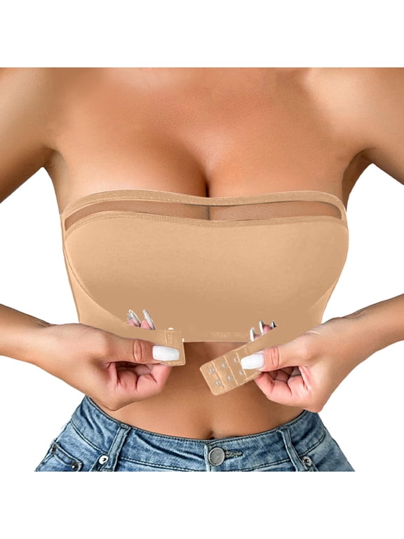,Strapless Front Closure Bras for Women Push up Non- No Padding Wireless Bra One Piece Backless Bandeau Bras No Underwire Soft Comfort Bralettes Khaki XL