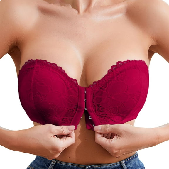 Arlun,Strapless Front Closure Bras for Women No Underwire Push Up Non- Bandeau Bralettes Wireless Push up soft support lace comfort breath everyday bra Red L