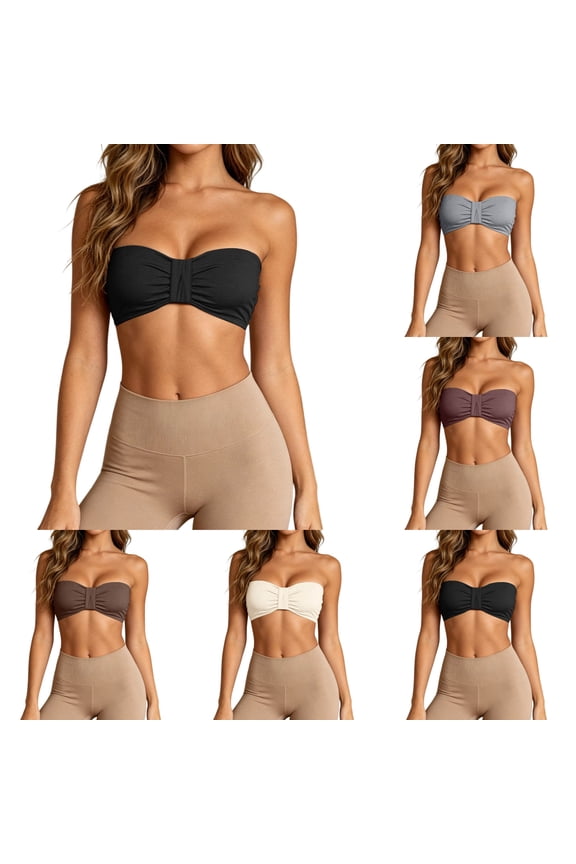 Strapless Seamless Bras for Women Cute Front Bow Ruched Design Chest Wrap Non Slip Bandeau Bra Lightweight Breathable Stretch Pull on Comfortable Everyday Bralettes 1-Brown M