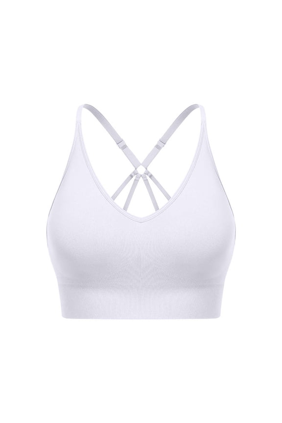 Strappy V-Neck Sports Bras for Women Adjustable Thin Shoulder Strap Soft Comfortable Seamless Wireless Bralettes Stylish Supportive Racerback Workout Yoga Bras White L