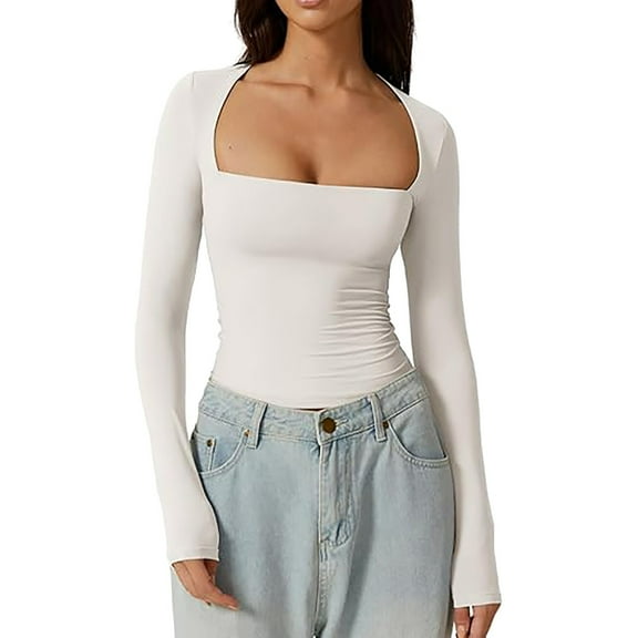 Arlun,Stretchy Tight Womens Cropped T Shirts Casual Square Neck Long Sleeve Slim Fit Fall Fashion Tops Women's Lightweight Soft Comfy Going out Sexy Tee Shirts White XS