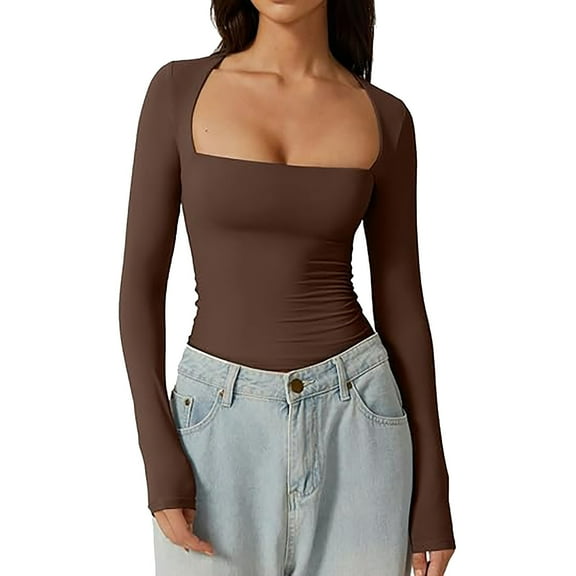 Arlun,Stretchy Tight Womens Cropped T Shirts Casual Square Neck Long Sleeve Slim Fit Fall Fashion Tops Women's Lightweight Soft Comfy Going out Sexy Tee Shirts Coffee XS