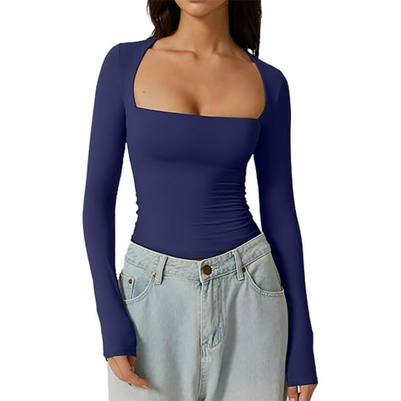 Arlun,Stretchy Tight Womens Cropped T Shirts Casual Square Neck Long Sleeve Slim Fit Fall Fashion Tops Women's Lightweight Soft Comfy Going out Sexy Tee Shirts Blue XL