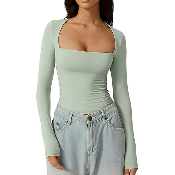 Arlun,Stretchy Tight Womens Cropped T Shirts Casual Square Neck Long Sleeve Slim Fit Fall Fashion Tops Women's Lightweight Soft Comfy Going out Sexy Tee Shirts Light Green S