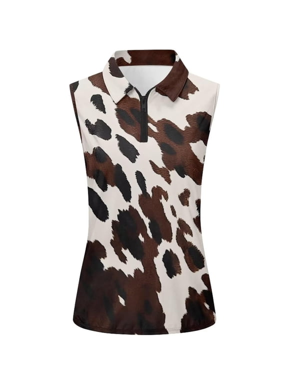 Stripe/Cow/Leopard Print 1/4 Zipper Tank Tops for Women 2026 Spring Summer Lapel Sleeveless Blouse Lightweight Comfy Breathable Sports Casual Vest 3-Brown S