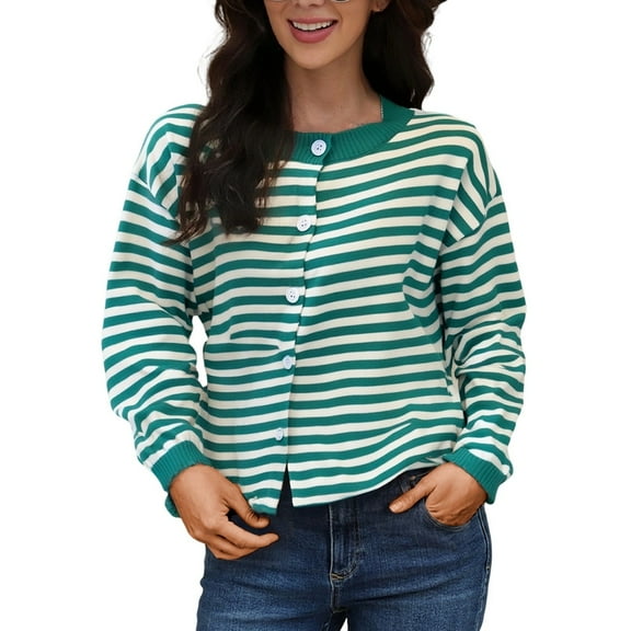 Arlun Striped Cardigan Sweaters for Women Trendy Lightweight Button up Knitting Sweater Coats Long Sleeve Loose Soft Comfort Outerwear Fall Winter Thin Clothes Green One Size
