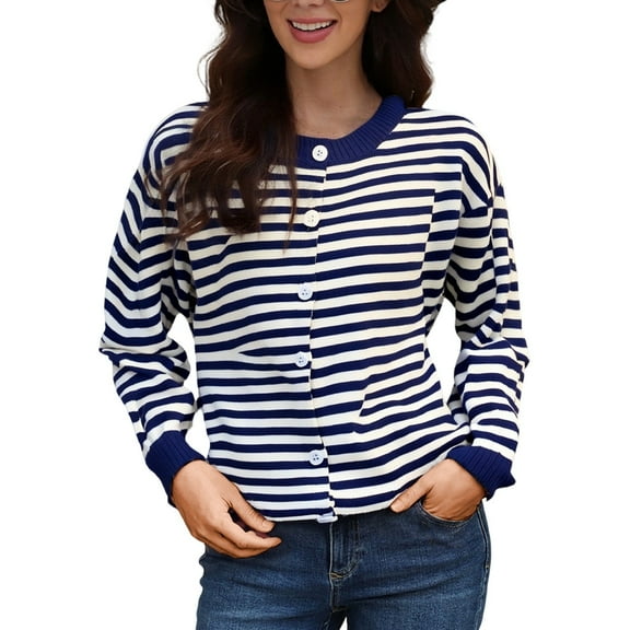 Arlun Striped Cardigan Sweaters for Women Trendy Lightweight Button up Knitting Sweater Coats Long Sleeve Loose Soft Comfort Outerwear Fall Winter Thin Clothes Blue One Size