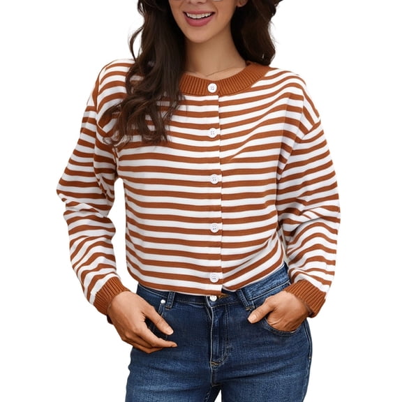 Arlun Striped Cardigan Sweaters for Women Trendy Lightweight Button up Knitting Sweater Coats Long Sleeve Loose Soft Comfort Outerwear Fall Winter Thin Clothes Orange One Size